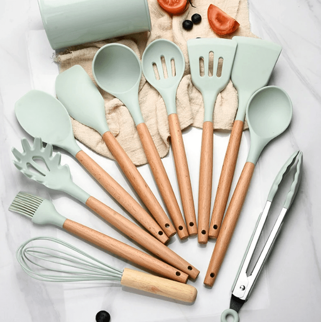 Elara Haus Silicone Cooking Utensils - Non-Toxic BPA Free Wooden Handles 0