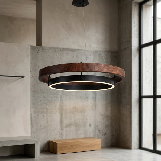 Elara Haus Cloud Ring Pendant - Modern Walnut Finish LED Suspension