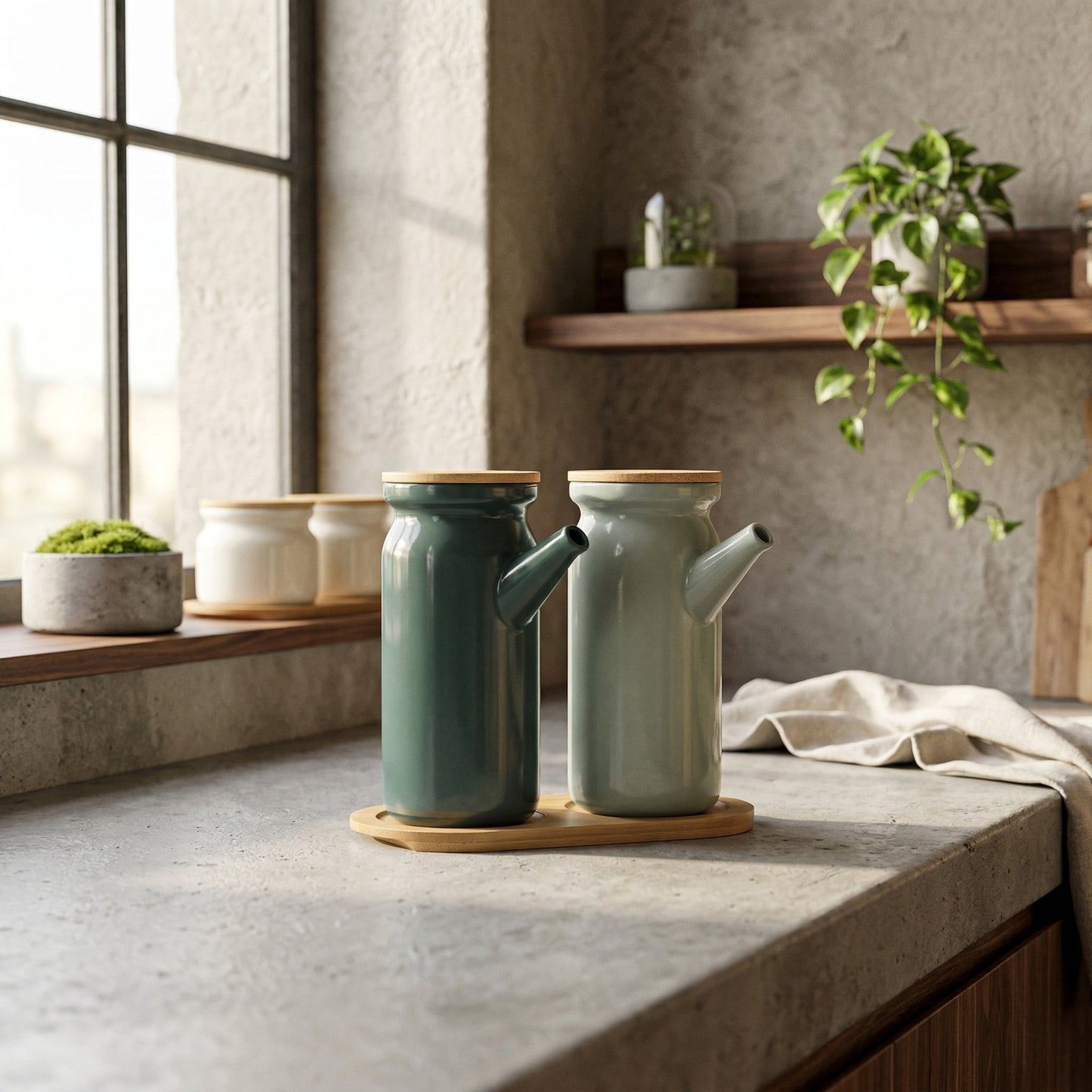 Elara Haus teal bamboo ceramic oil dispenser for home and kitchen.