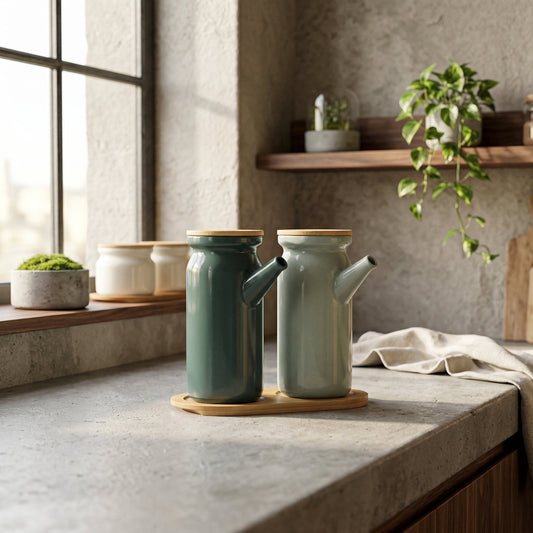 Elara Haus teal bamboo ceramic oil dispenser for home and kitchen.