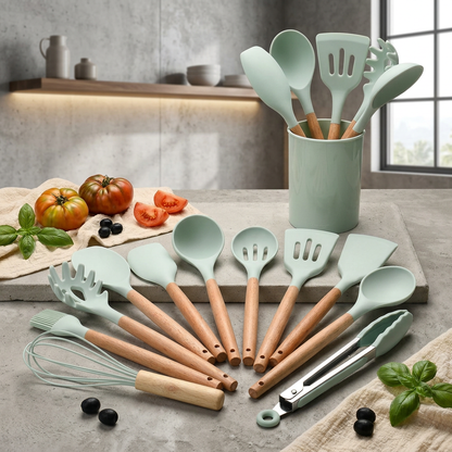 Elara Haus Silicone Cooking Utensils - Non-Toxic BPA Free Wooden Handles
