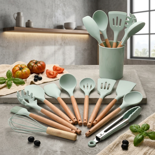 Elara Haus Silicone Cooking Utensils - Non-Toxic BPA Free Wooden Handles