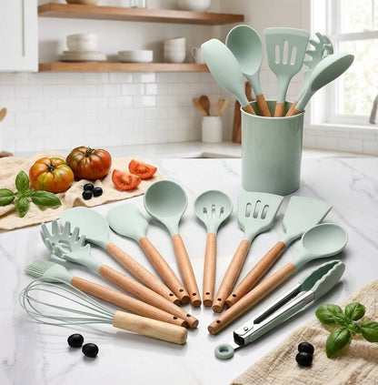 Elara Haus Silicone Cooking Utensils - Non-Toxic BPA Free Wooden Handles