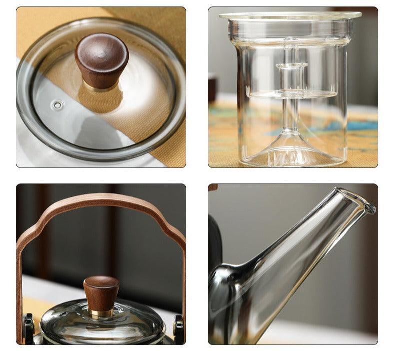 Grijzen Japandi glass teapot with walnut handle and tea infuser