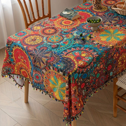 Hypno Bloom Tassel Tablecloth design for a unique and stylish dining experience.