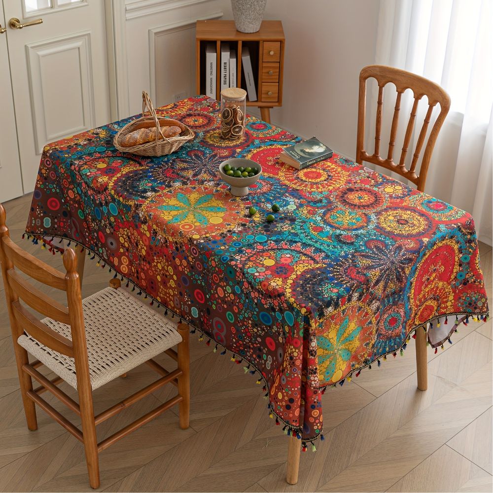 Hypno Bloom Tassel Tablecloth 1, a beautiful and trendy tablecloth for special occasions.