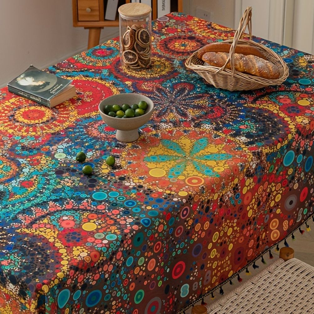 Hypno Bloom Tassel Tablecloth 2, a stylish and modern tablecloth for indoor and outdoor use.