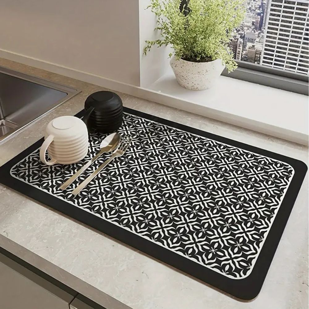 Modern Japandi-inspired kitchen drying mat with Kintsugi mandala design
