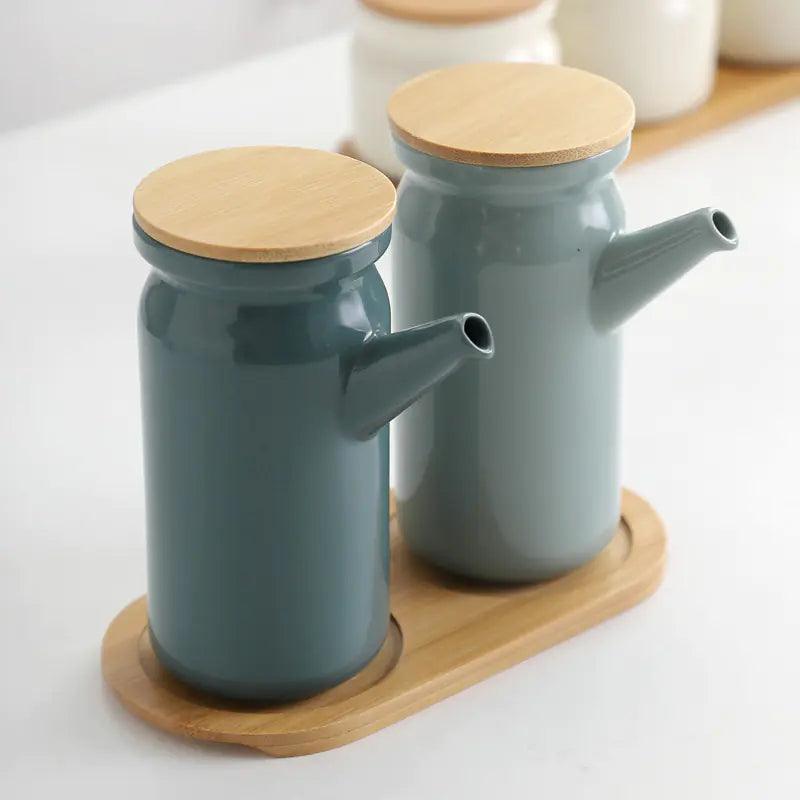 Close-up of Nordic ceramic seasoning bottle with wood grain and ceramic details.