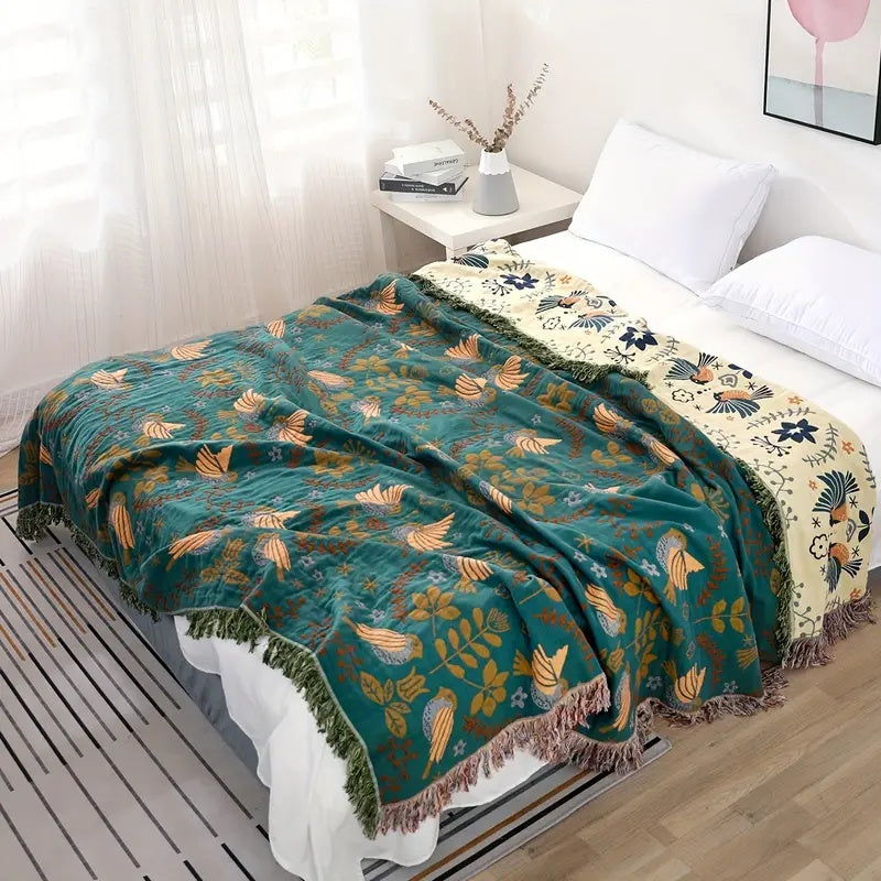 Reversible Jacquard Bird Blanket - 100% Cotton
