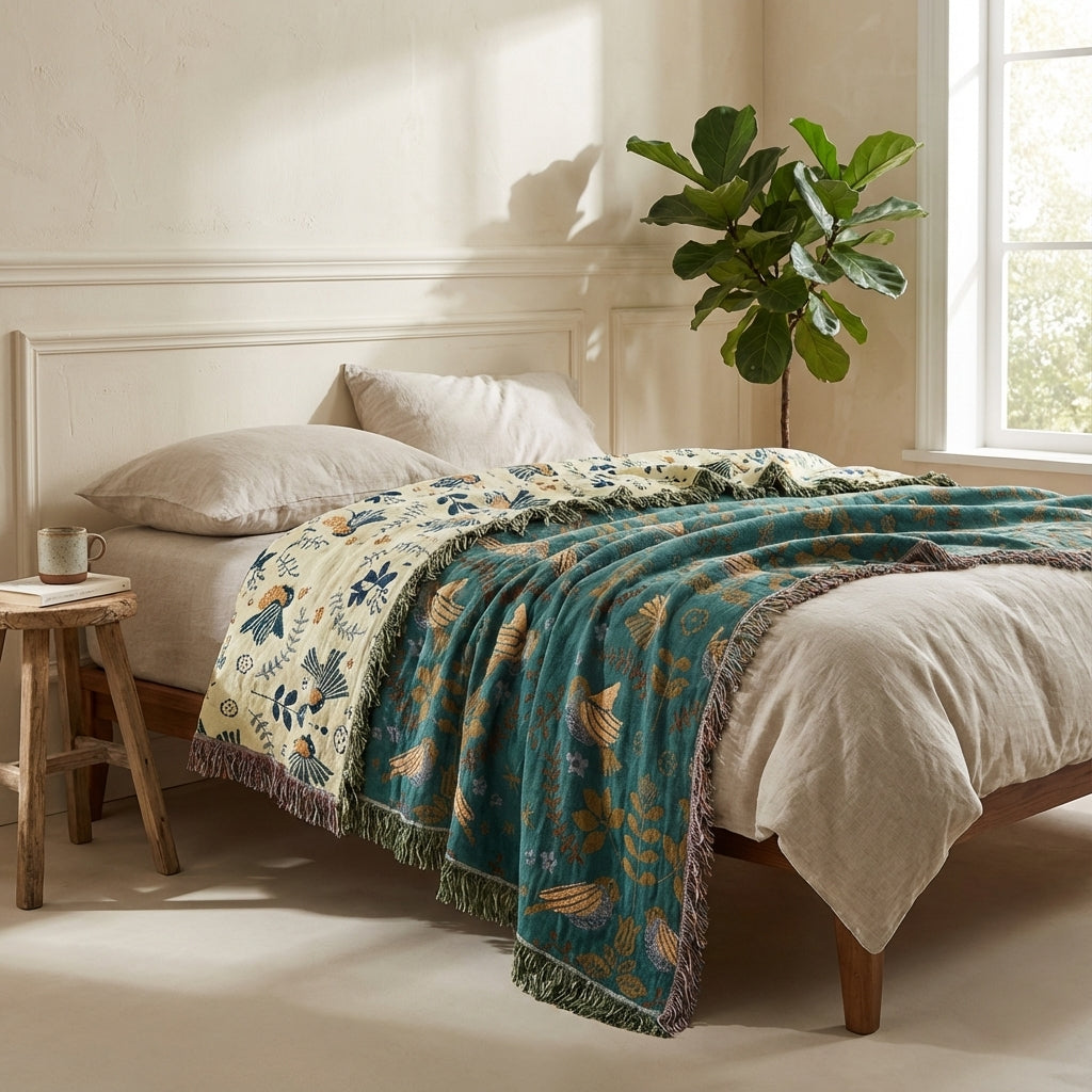 Softouch Reversible 100% Cotton Jacquard Bird Throw Blanket