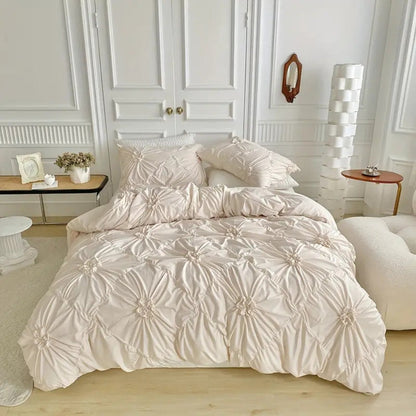 Stylish Ruffle Flower Textured Quilt Cover Set with Pinch Pleat design for home furniture