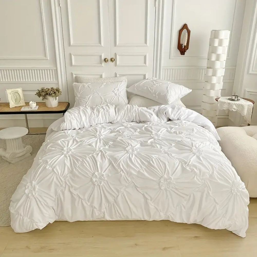 Sophisticated Pinch Pleat Ruffle Flower Textured Quilt Cover Set for bed and bath