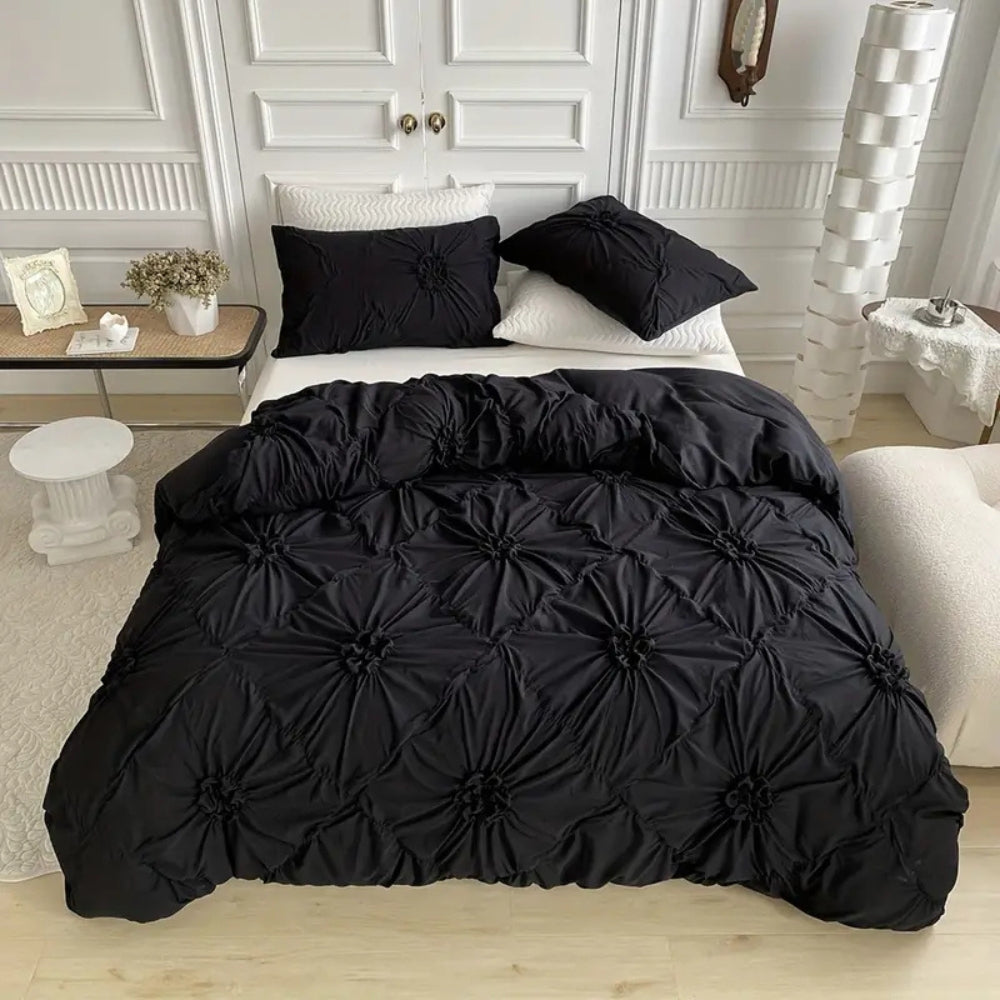 Luxurious Ruffle Flower Textured Quilt Cover Set with Pinch Pleat style for interior design