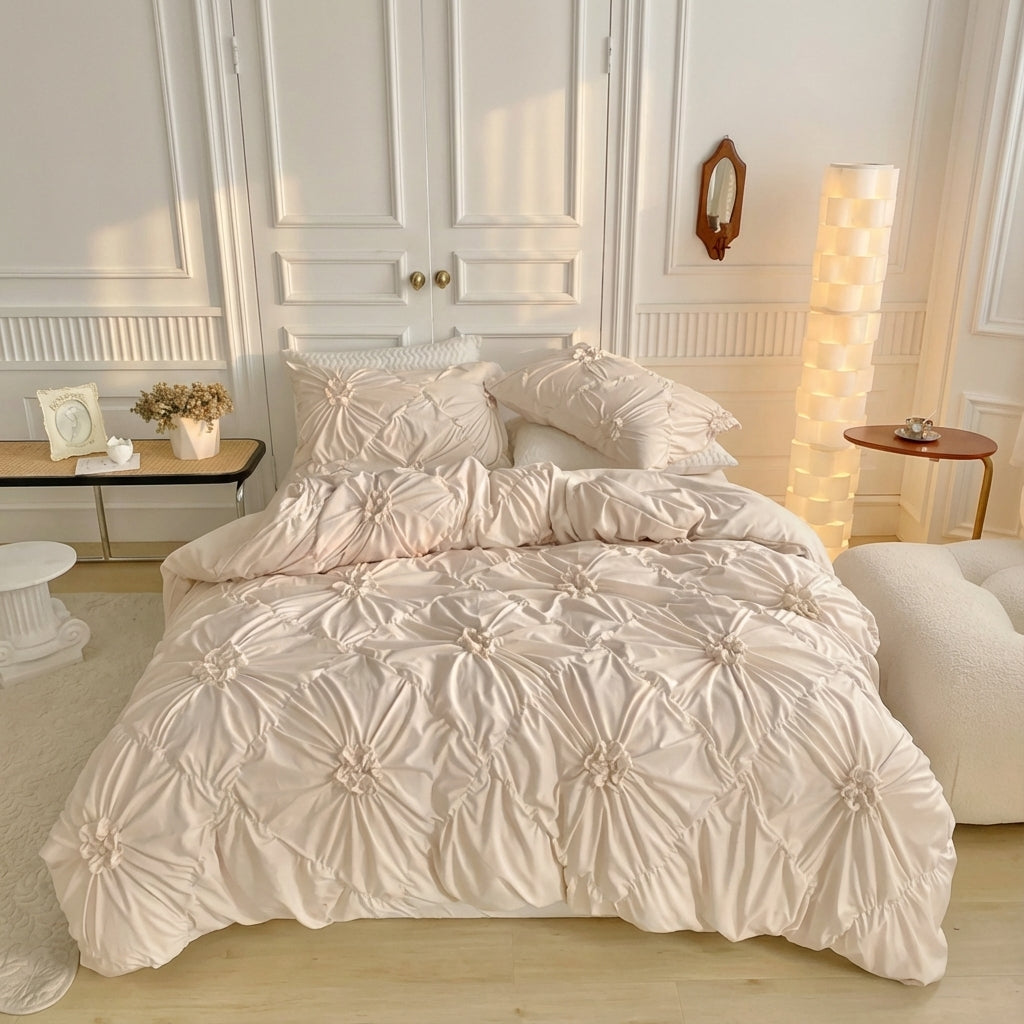 Elegant Pinch Pleat Ruffle Flower Textured Quilt Cover Set for bedroom decor