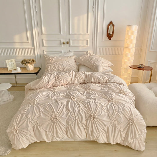 Elegant Pinch Pleat Ruffle Flower Textured Quilt Cover Set for bedroom decor