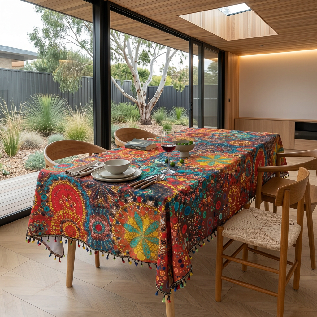 Elegant architectural mandala jacquard dining tablecloth from Elara Haus Kintsugi Bloom collection.
